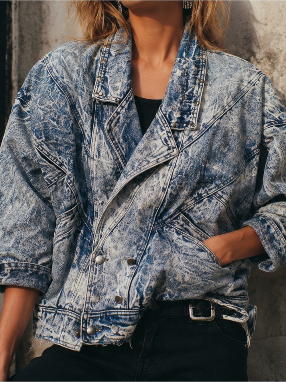 Vintage 1980s Acid Wash Denim Studded Snap Button Avant Garde Crop Jean Jacket